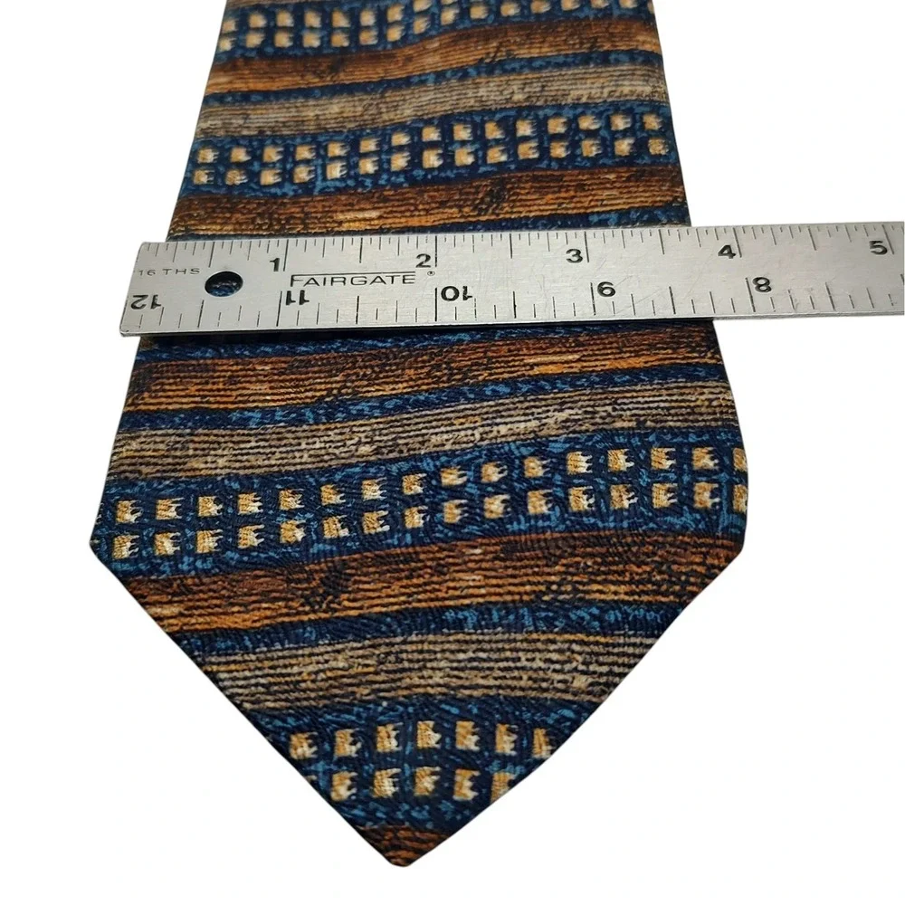Rasel‎ Silk Tie Brown Blue Gold Geometric Pattern Mens Necktie Made In Turkey